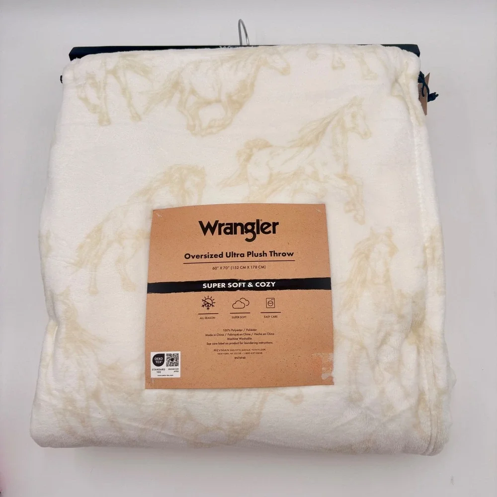 Wrangler Oversized‎ Ultra Plush Throw Cream Tan Horse Print Blanket 60x70 NEW